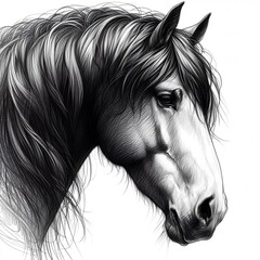 dessin fait au fusin ou  crayon , noir et blanc , représentant une tête de cheval  vu de proche beaucoup de détails