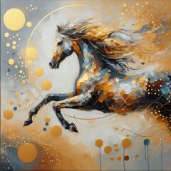 The abstract oil painting is a large stroke oil painting, mural, home decoration. It has gold, black horse, wall art, modern artwork, spots, paint strokes, knife painting.