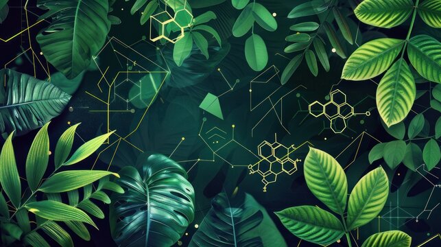 Green nature garden plants with biochemistry structure graphic background. AI generated image