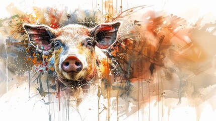   A tight shot of a pig's face adorned with numerous paint splatters