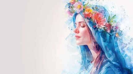 Ethereal Watercolor Woman with Floral Crown in Pastel Tones Serene Virgin Mary Illustration.