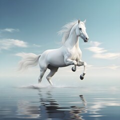 Obraz na płótnie Canvas A beautiful amazing white horse runs on the water. Mystical portrait of an elegant stallion. Reflection of a white horse in the water. 3d render
