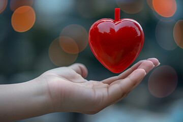 World Blood Donor Day. Hand holding red heart, a gesture of love and affection. Generative AI