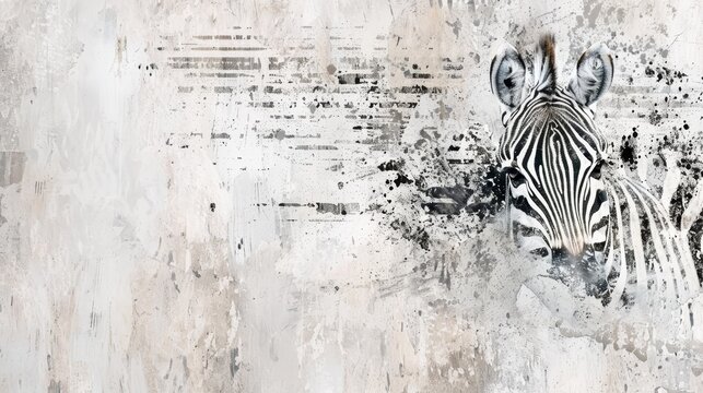   A zebra facing a wall with paint splatters on its forehead and hindhead