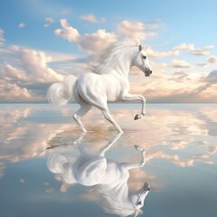 Naklejka na ściany i meble A beautiful amazing white horse runs on the water. Mystical portrait of an elegant stallion. Reflection of a white horse in the water. 3d render