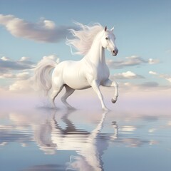 Naklejka na ściany i meble A beautiful amazing white horse runs on the water. Mystical portrait of an elegant stallion. Reflection of a white horse in the water. 3d render