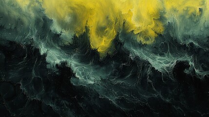   A painting of green and yellow waves, topped with black and white swirls at the bottom