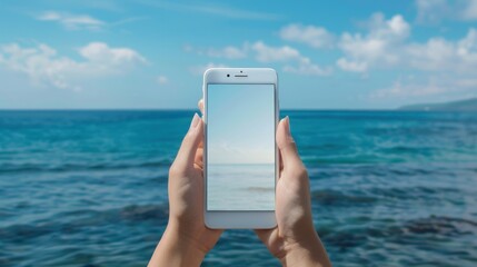 Closeup woman hands holding mobile phone with blank screen against blue sea background. AI generated