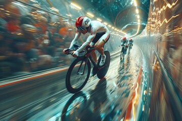 Intense track cycling at Paris Olympics: blurred motion captures the dynamic energy of athletes in full speed pursuit  - obrazy, fototapety, plakaty