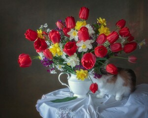Bouquet of spring flowers and curious kitty