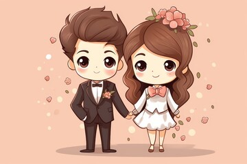 A cartoon image of a man and woman, dressed for a wedding. The man is wearing a black tuxedo with a white rose boutonniere. The woman is wearing a white wedding dress with a pink sash and a pink flowe