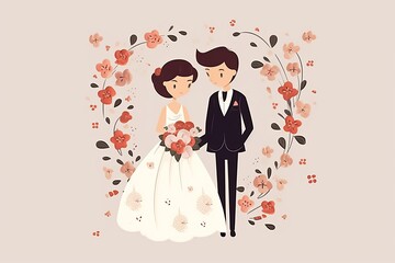 A cartoon bride and groom are standing in front of a pink heart-shaped wreath made of roses.