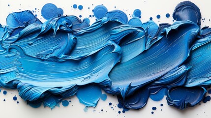   A tight shot of blue paint smeared on a white backdrop, dotted with numerous blue flecks