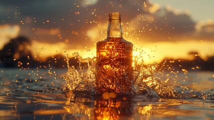   A bottle of alcohol bobbing in a body of water, sunset casting hues behind, water splashes ensue - obrazy, fototapety, plakaty