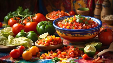 Type of Image: Artistic Image, Subject Description: An artistic representation of ingredients for traditional Mexican tomato salsa, Art Styles: Impressionism, Art Inspirations: Vibrant food art, Camer - obrazy, fototapety, plakaty