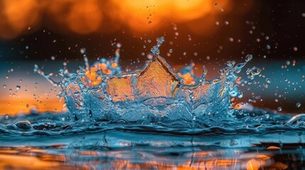   Close-up of water splashing on a body of water under an orange backlight