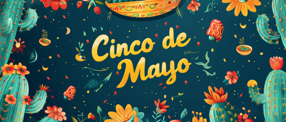Cinco de Mayo invitation featuring a stylized cactus and festive typography, banner or background wallpaper