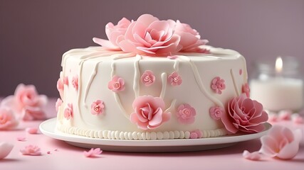 Type of Image: Artistic Image, Subject Description: An artistic representation of a white cake with pink flower decorations, Art Styles: Minimalism, Art Inspirations: Contemporary bakery art, Camera:  - obrazy, fototapety, plakaty