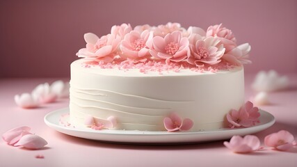 Type of Image: Artistic Image, Subject Description: An artistic representation of a white cake with pink flower decorations, Art Styles: Minimalism, Art Inspirations: Contemporary bakery art, Camera: 