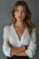 Fototapeta premium An attractive businesswoman stands confidently, exuding elegance and beauty with her poised demeanor