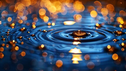   A tight shot of a water droplet atop a blue expanse, surrounded by numerous background lights - obrazy, fototapety, plakaty