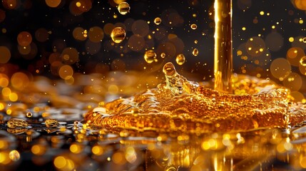   A macro shot of a water droplet atop a water surface against a black backdrop, accompanied by yellow bubble bursts