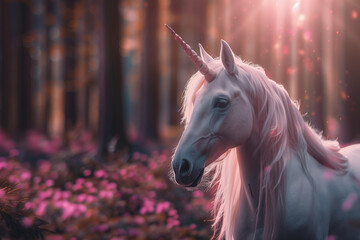 Mystical Unicorn in Enchanted Forest Light Rays
