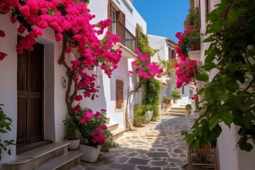 Fototapeta na wymiar A Tranquil Afternoon in a Sun-Drenched Mediterranean Alleyway, with Cobblestone Streets and Vibrant Bougainvillea Draping Over Rustic Balconies