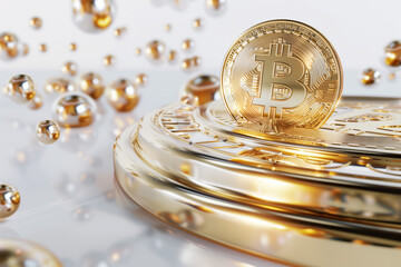 Spinning Bitcoin Coin with Golden Reflections
