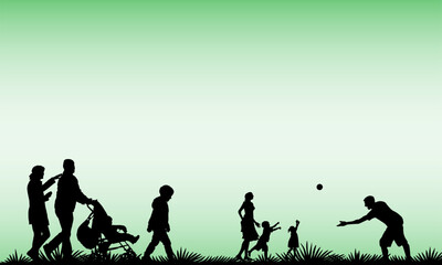 Happy Family Silhouette Playing Together in Lush Green Environment - Vector Illustration