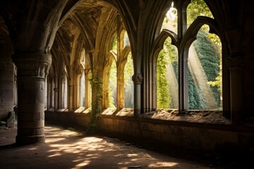 Obraz premium A Serene Afternoon in a Medieval Cloister with Sunlight Streaming Through the Gothic Arches onto the Ancient Stone Floor