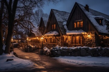 A Rustic Tavern Nestled in a Snowy Landscape, Illuminated by Warm Light Spilling from its Windows, Inviting Travelers to Rest