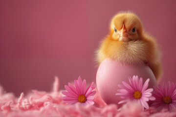 cute easter chicken hatching from pink Easter egg with flowers on a pink background with space for text