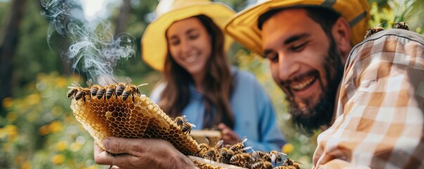 A happy young beekeeper woman with man holding smoker in the hand during checking hives. - obrazy, fototapety, plakaty