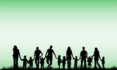 Happy Family Silhouette Enjoying Nature in Green Vector - Peaceful Outdoor Bonding Concept for Design and Media Use