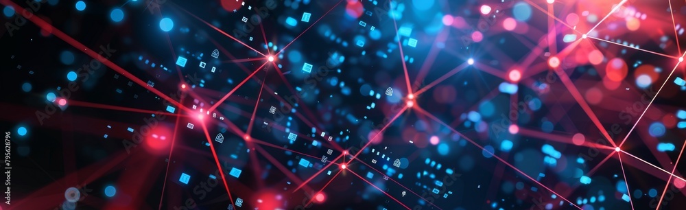 Wall mural abstract technology background with blue and red color digital data connections on dark backdrop for