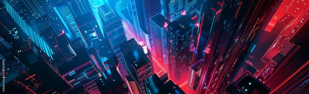 Wall mural abstract technology background with blue and red color illustration of futuristic cityscape pattern 