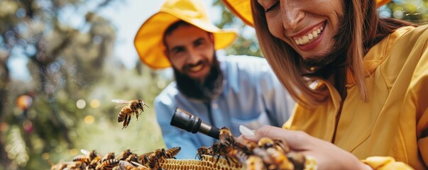A happy young beekeeper woman with man holding smoker in the hand during checking hives.