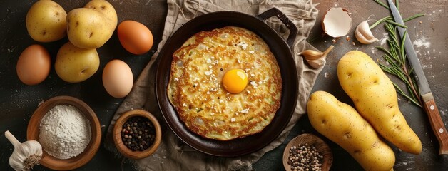 homemade potato pancakes, featuring the key ingredients - potatoes, eggs, flour, onion, garlic, salt, pepper, and vegetable oil - elegantly displayed around the finished dish. - obrazy, fototapety, plakaty
