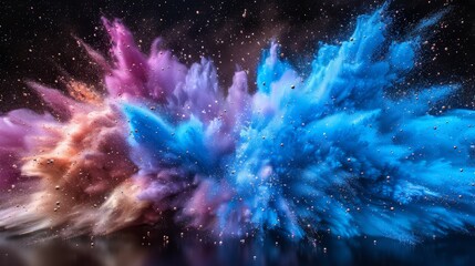   Vibrant burst of blue, pink, and purple against a black backdrop, speckled with starlight