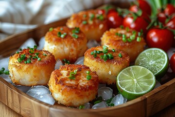 A plate of fried food with a few pieces of lime and tomatoes