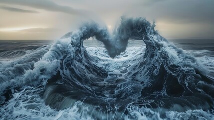Sea waves shaping a heart pattern at sunset.