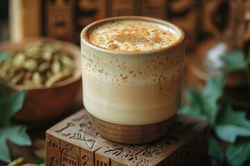 A close-up shot of cardamom latte in an elegant, modern bowl on top of two tall wooden blocks with ancient Egyptian paintings printed behind it.