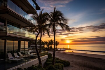 Fototapeta premium Luxurious Oceanfront Condos with Panoramic Views of the Sparkling Blue Sea, Lush Palm Trees, and Stunning Sunset