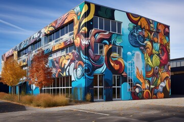 A Vibrant Urban School Building, Adorned with Colorful Murals, Reflecting the Energy and Creativity...