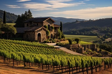A panoramic view of a sprawling vineyard estate, featuring lush grapevines, majestic wine cellars,...