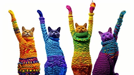   Three knitted cats pose together, paws lifted, heads tilted skyward