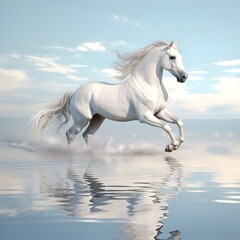 Obraz na płótnie Canvas A beautiful amazing white horse runs on the water. Mystical portrait of an elegant stallion. Reflection of a white horse in the water. 3d render