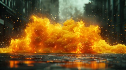   A city street is dominated by a sizable yellow-orange smoke explosion amidst towering structures