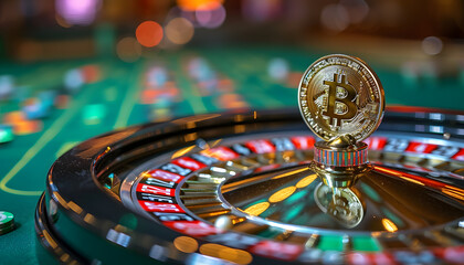 Closeup of a bitcoin coin on a roulette wheel, a stylish indoor game